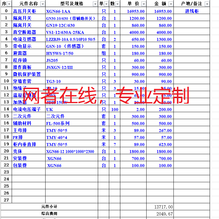 配电箱配电柜报价表成套报价清单高压柜KYN XGN低压柜报价清单 - 图0