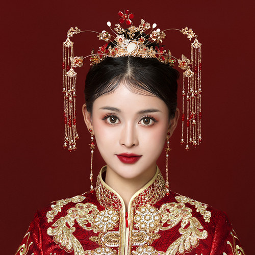 新娘头饰中式汉服古装金色龙凤褂秀禾服配饰凤冠霞帔发饰结婚饰品 - 图1