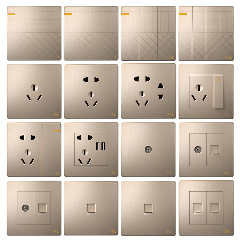 fsl 佛山照明 开关插座86型暗装家用墙壁五孔多孔金色二三插套装