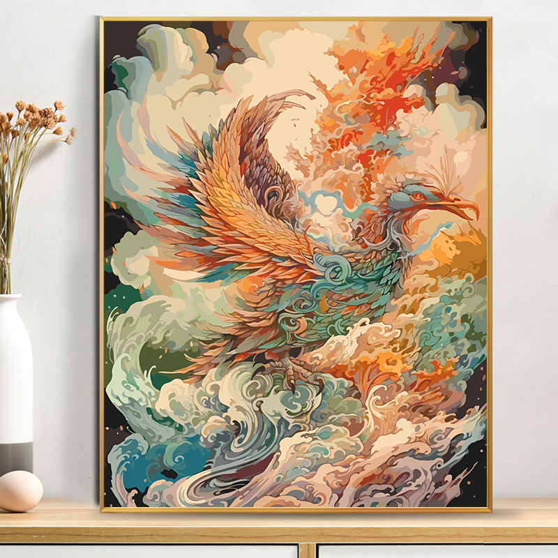 油彩画[模写] 2025新款蓝色金羽凤凰diy数字油画手工填充画画高级感