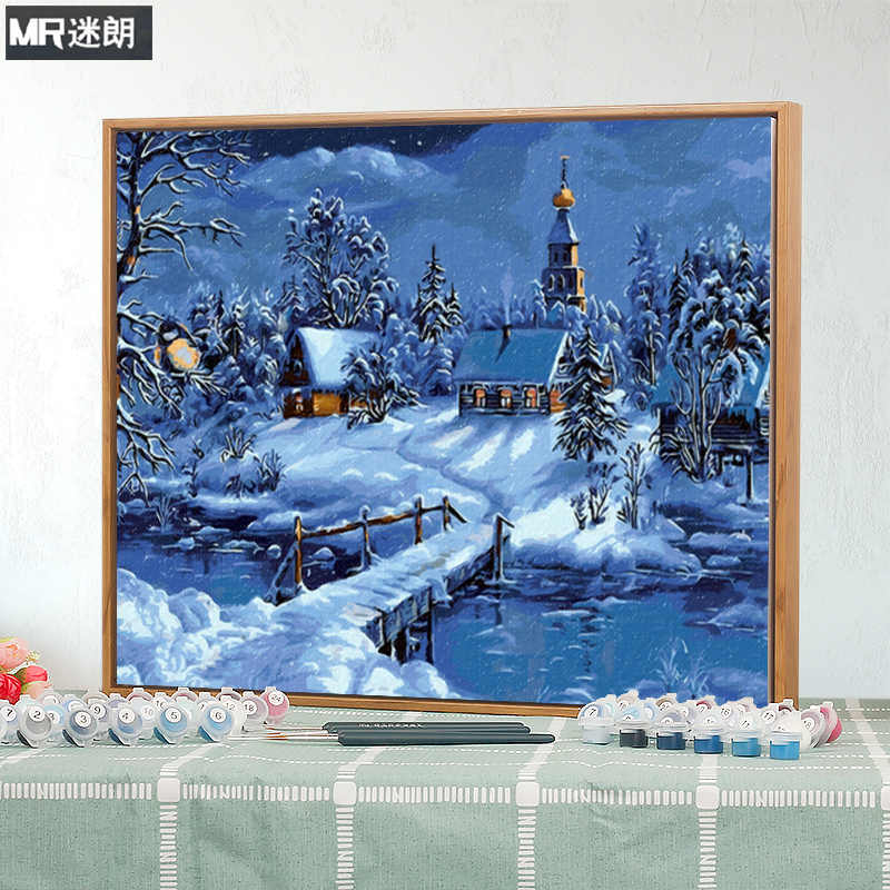 額付き(銀）油絵 uF6-060204 風景 雪景色