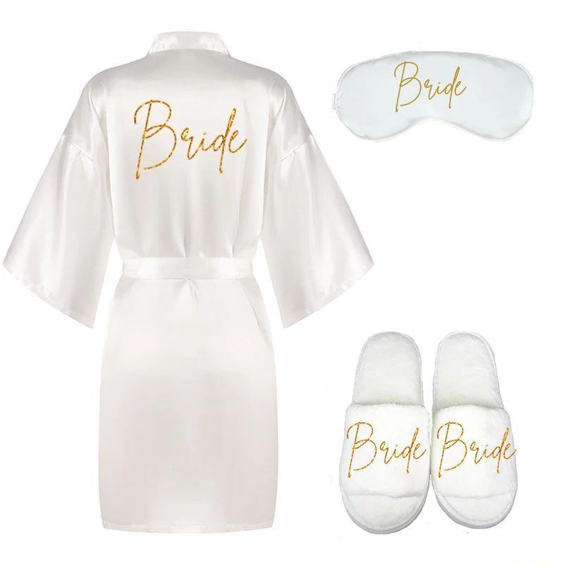 3pc set of bride robe eyemask slippers champange bridesmaid - 图0