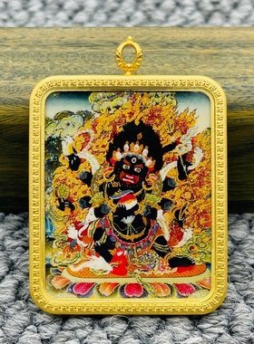 正品洒金纯手绘六臂黑玛哈嘎拉唐卡佛牌护身符吊坠牌铜镀金噶乌盒