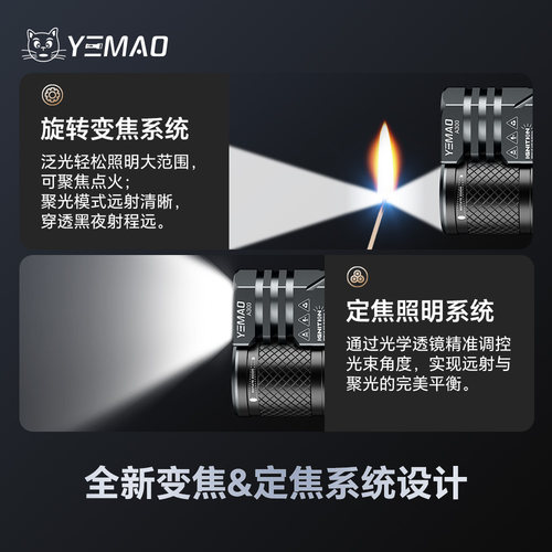 夜猫A300定焦&变焦双核EDC多功能七彩氛围灯便携铝合金可充电手电 - 图1