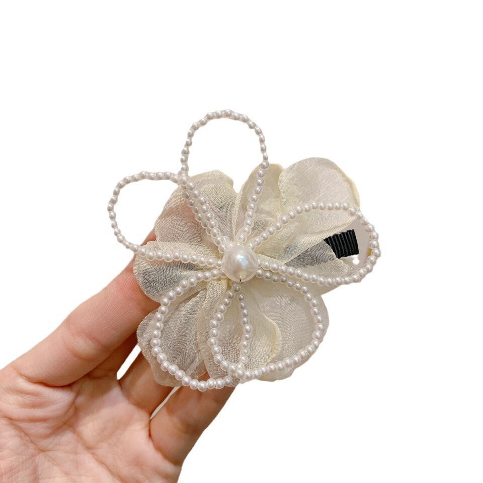 【花仙精灵】粉色温柔网纱花朵发夹旅行发卡珍珠鸭嘴夹侧边夹女 - 图3