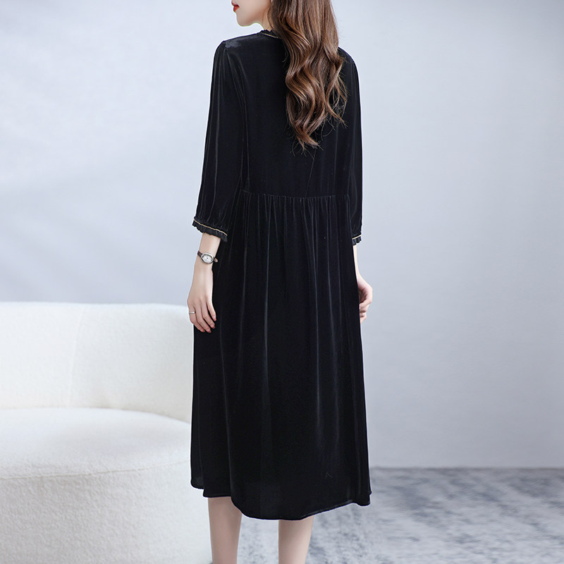 高端真丝丝绒连衣裙女中袖桑蚕丝显瘦妈妈装串珠黑色洋气裙子春秋,淘宝优惠券,粉丝福利购,淘宝优惠卷