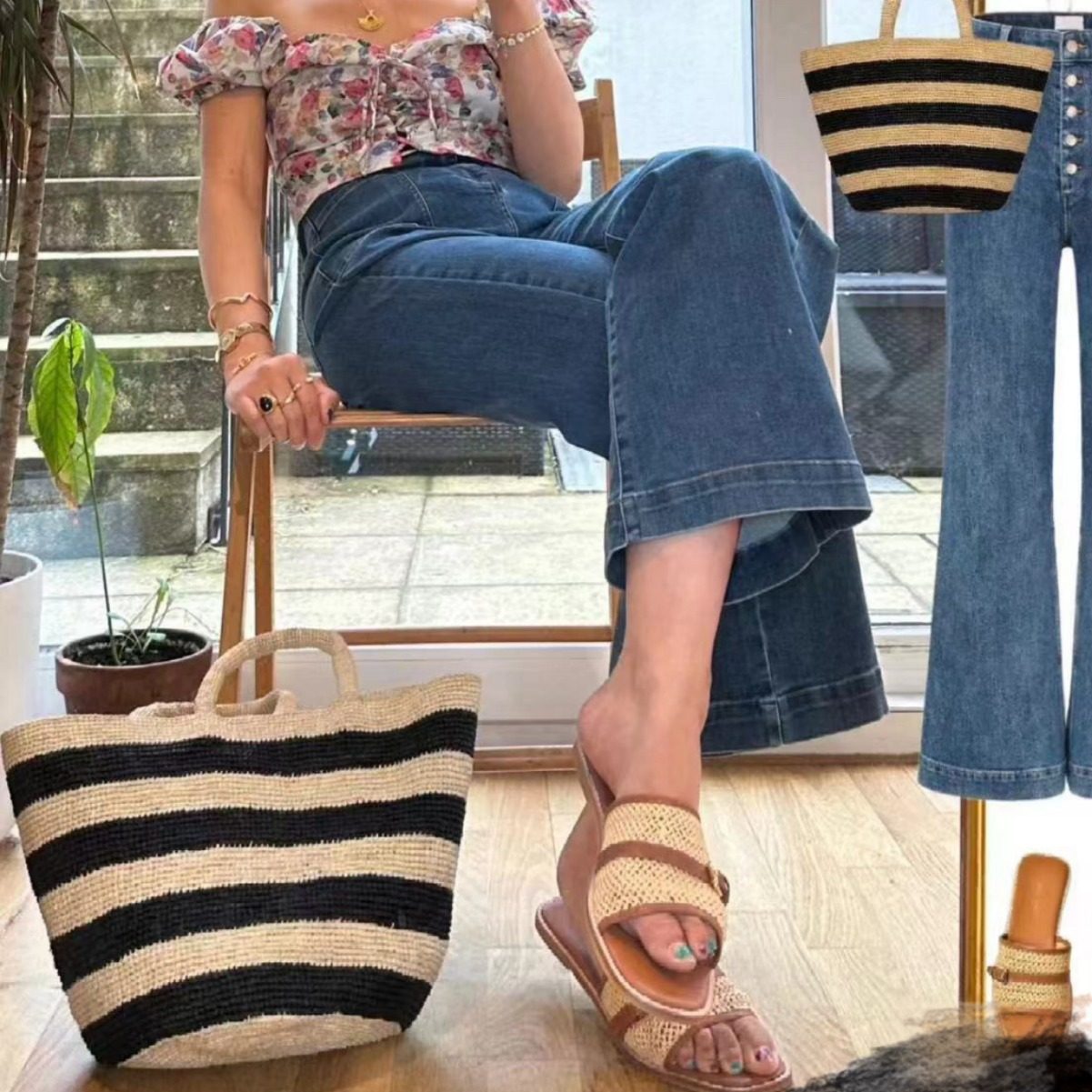韩版夏季新款通勤条纹拉菲草草编包出游度假手提包草包休闲水桶包,淘宝优惠券,粉丝福利购,淘宝优惠卷
