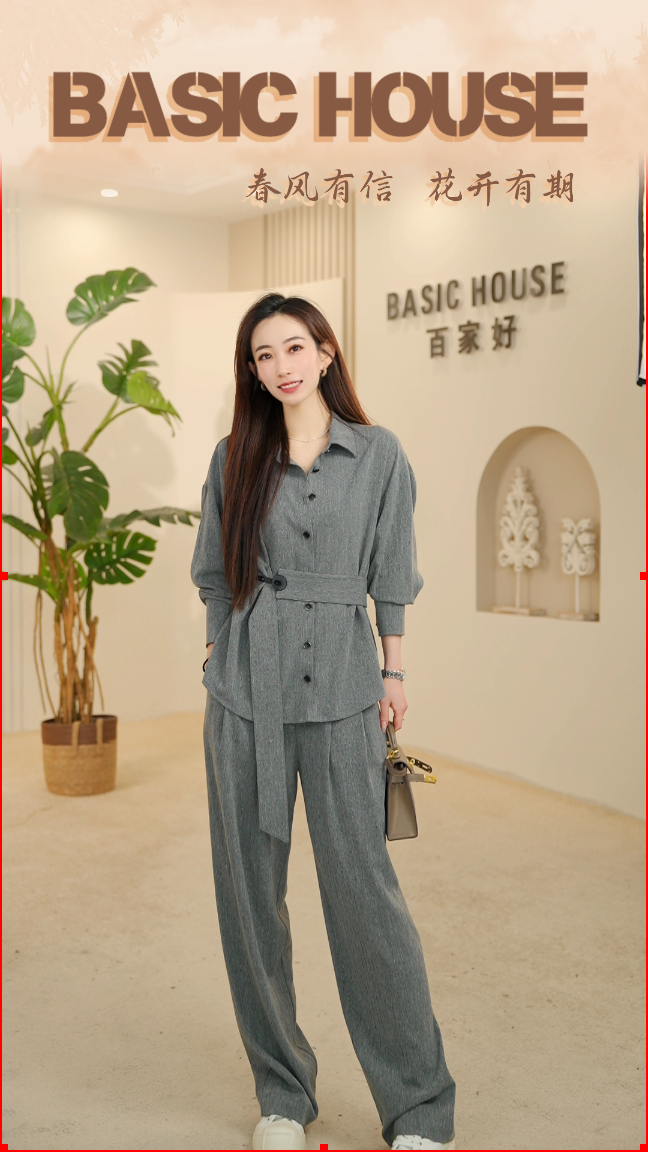 BasicHouse/百家好春设计师气质休闲时尚系带收腰套装B0183B54492 - 图0
