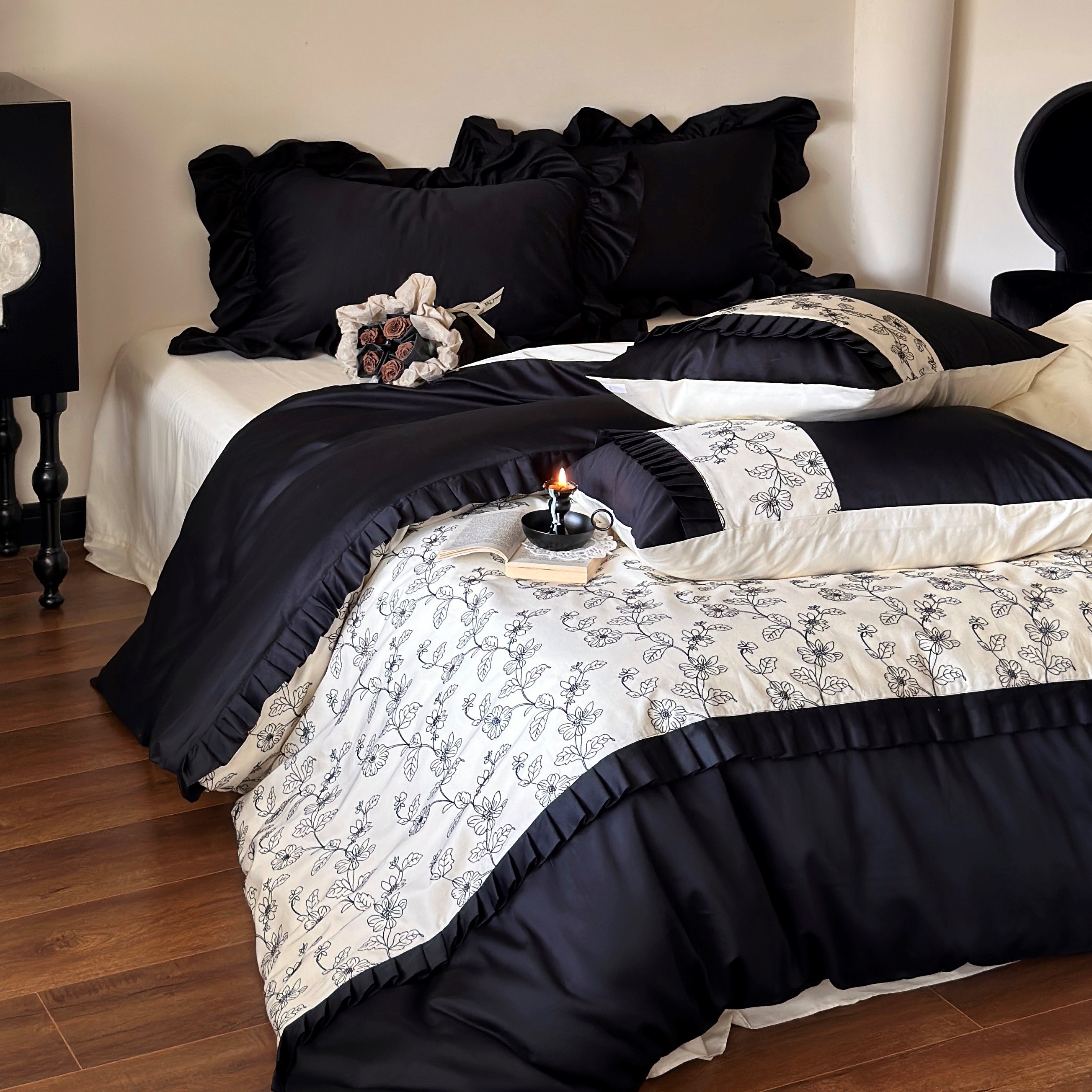 奥菲莉亚︱小众黑白刺绣全棉贡缎四件套纯棉长绒棉复古被套床品2m - 图0