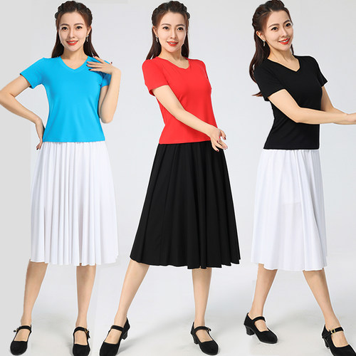 夏季新款广场舞套装品牌舞蹈衣服莫代尔t恤鸡心V领短袖天丝裙子女 - 图3