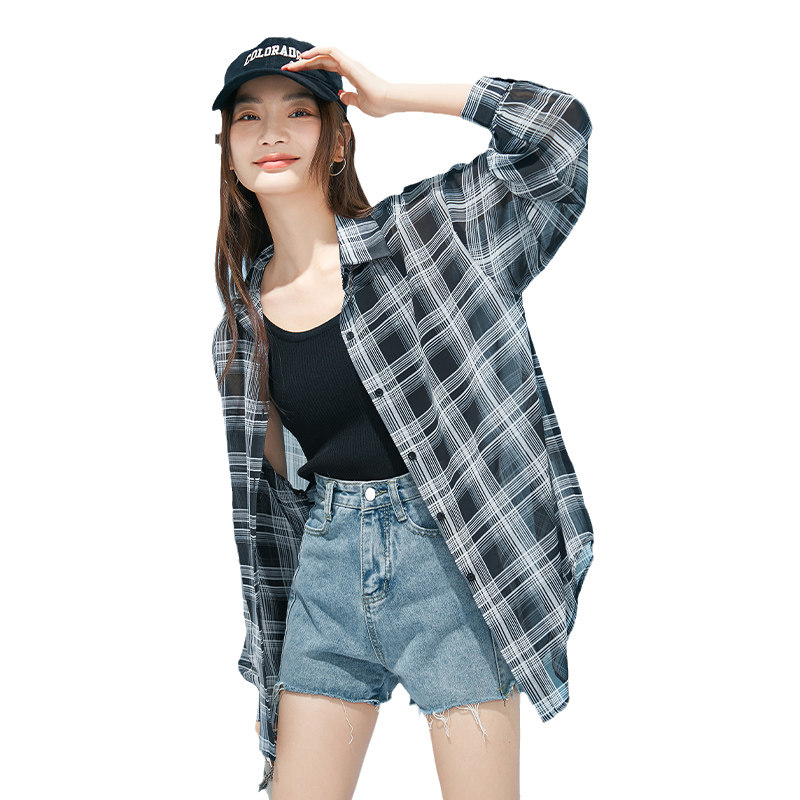 米子旗轻薄黑白格子长袖夏季衬衫 米子旗衬衫