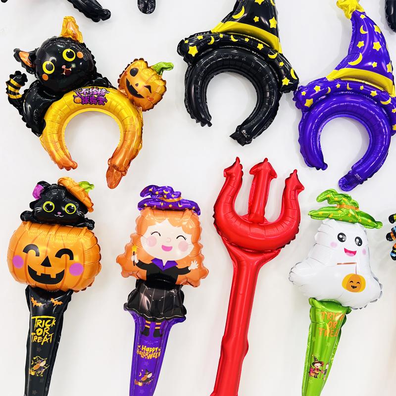 新款万圣节手持棒长款南瓜幽灵女巫黑蜘蛛恶魔叉手拿气球蝙蝠头箍 - 图0
