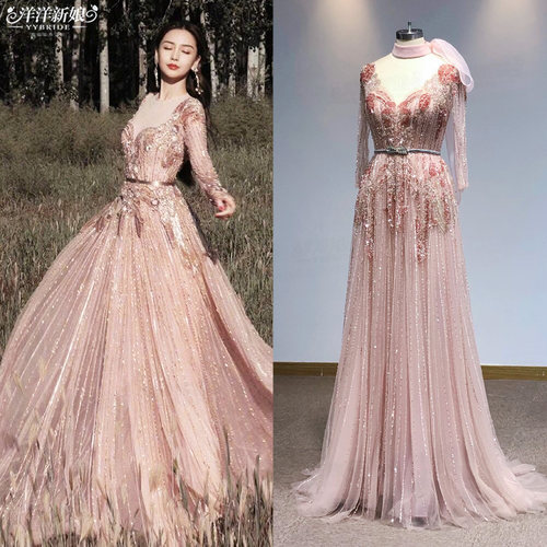 敬酒服新娘2022新款奢华优雅一字肩显瘦名媛生日宴演出明星长礼服 - 图0
