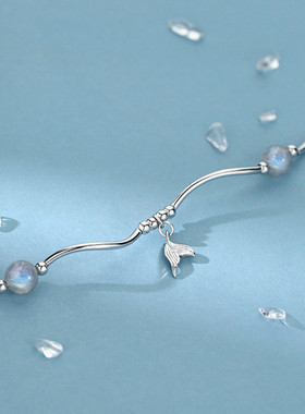 银圳日韩925纯银鱼尾月光石手链女ins风小众设计轻奢手链夏季手串