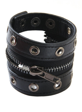 新品欧美铆钉链条朋克饰品牛皮手链女圆孔中间拉链宽版皮手饰