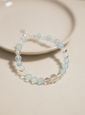 时光邮差原创《冰川》天然透体海蓝宝白水晶纯银手链女夏温柔手串