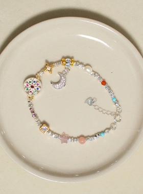 原创设计「星月轮盘」碎银子天然草莓晶淡水珍珠新中式S925银手链