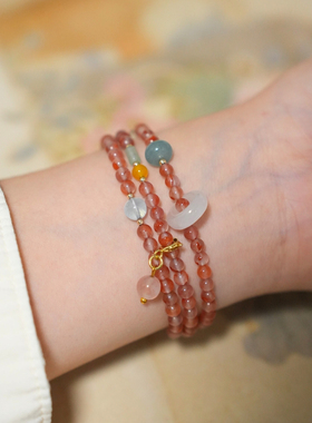 原创「涅槃翎」天然冰飘南红翡翠白水晶新中式国风多圈手串女手链