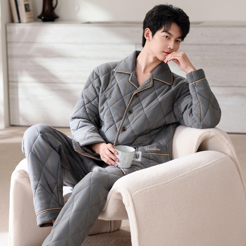 睡衣男冬季加厚纯棉棉袄三层夹棉冬天保暖简约格子全棉家居服套装,淘宝优惠券,粉丝福利购,淘宝优惠卷
