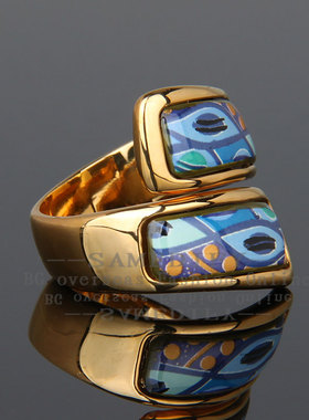 海蓝之心手工开口画珐琅戒指女