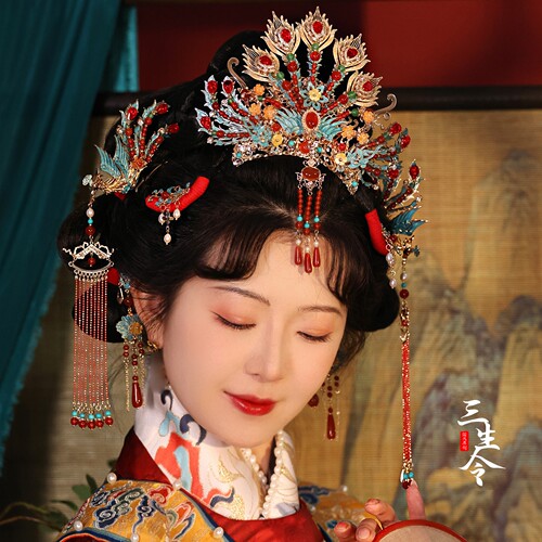 三生令【长宁】明制唐风汉服仿点翠中式头冠凤古风婚礼嫁新娘头饰 - 图1