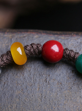 藏式文玩五彩福管手链料器骰子琉璃玛瑙朱砂流苏卡子手工编织手绳