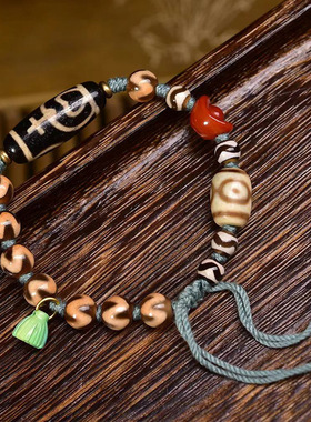 天然玛瑙宝瓶天珠配珠手链可调节藏式文玩复古虎牙天珠单圈手串