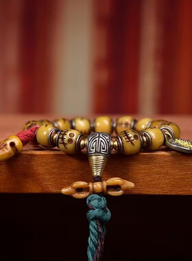 藏传回流牦牛骨桶珠手链藏式老银镶嵌雕刻阿呆单圈文玩佛珠手串