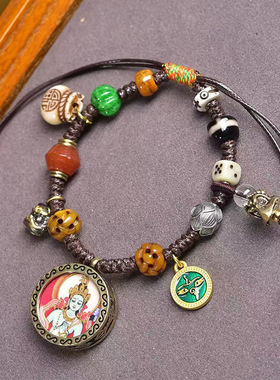 藏式文玩随身小唐卡黄财神吊坠手链绿度母六字真言佛牌编织手绳