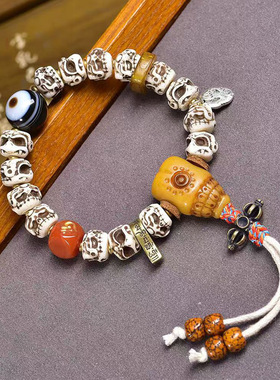 藏传回流骨双面雕刻手串单圈藏式文玩佛珠红玛瑙天眼天珠配饰手链