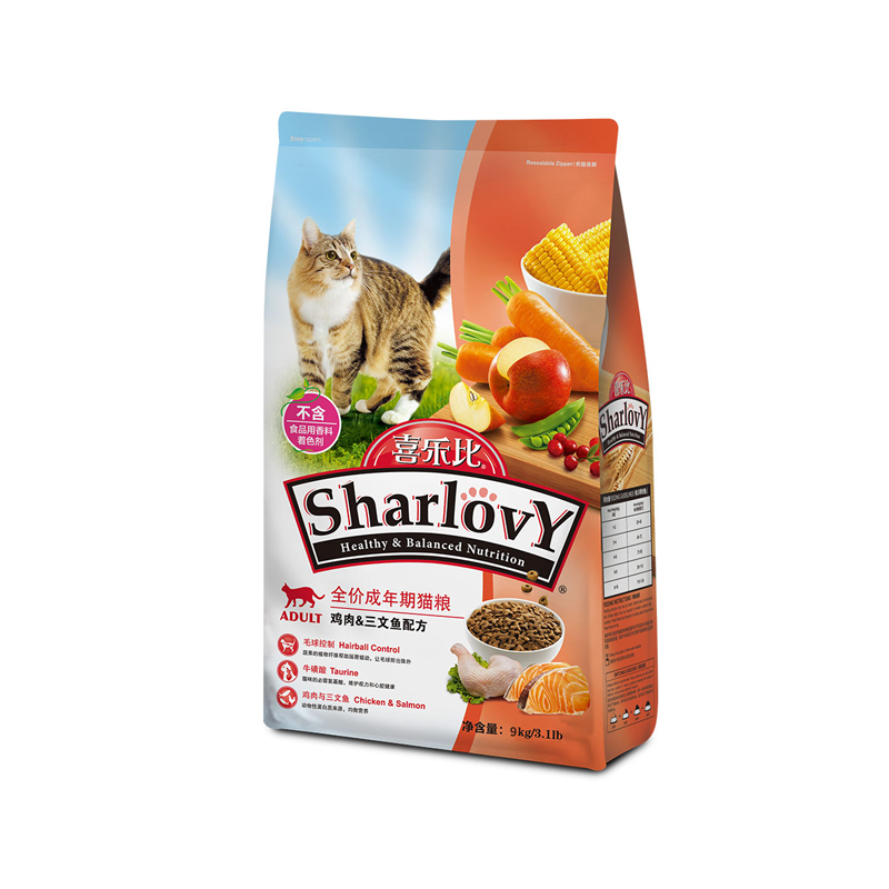 宠物用食品喜乐比成猫粮9kg 三文鱼鸡肉口味毛球控制配方猫粮主粮优惠券