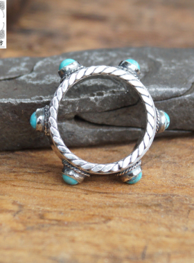 苗乡风食指足银订做镶嵌绿松石