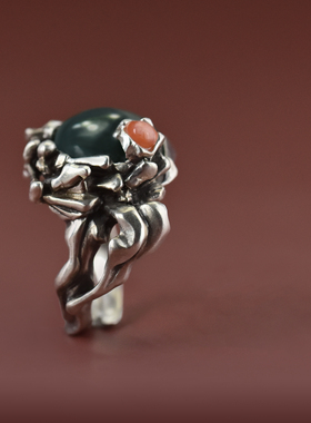 九九倾城上觉手工925银向日葵戒指镶嵌海洋碧玉复古艺术食指戒