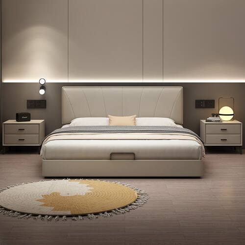 超薄床头意式轻奢钢木真皮床小户型储物床现代极简标准尺寸双人床 - 图1