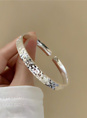 碎冰冰纯银手镯女S999足银实心开口光面银镯手环送女友情人节礼物