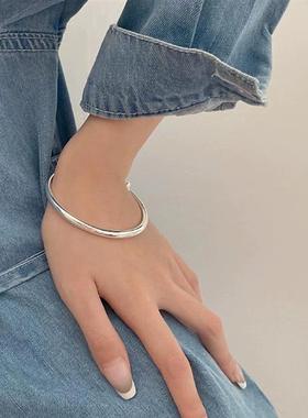 正品光面简约银手镯女纯银999实心推拉素圈年轻款送女友生日礼物