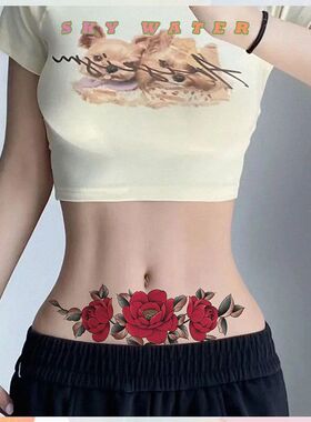 复古红玫瑰横向长条纹身贴 性感腰腹胸下后背氛围感装饰贴纸