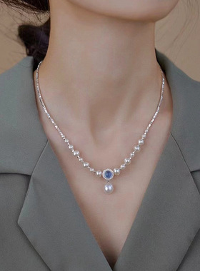 高级感小精致碎银子海蓝宝项链