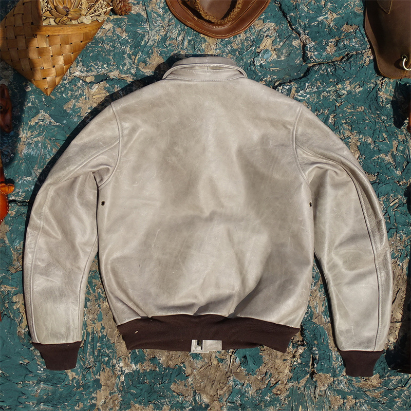 原色白色无涂层环保原生态进口头层油蜡牛皮真皮皮衣男A2飞行服 - 图2