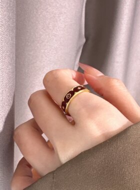 复古克罗老花酒红金色十字花戒指女小众设计男食指戒新款指环新款