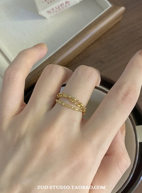 女钛钢复古金色链条米粒抽拉戒指