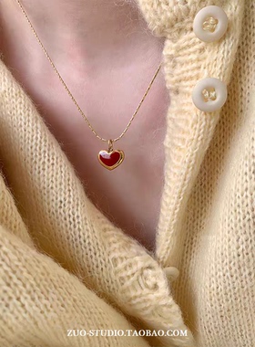 红色滴油钛钢女金色小红心项链