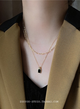 双层毛衣项链女2021年新款潮轻奢小众ins黑色滴胶锁骨链秋冬配饰
