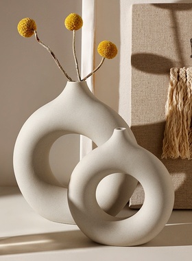 贝汉美侘寂风圆圈异形陶瓷花瓶摆件感客厅家居饰品创意工艺品