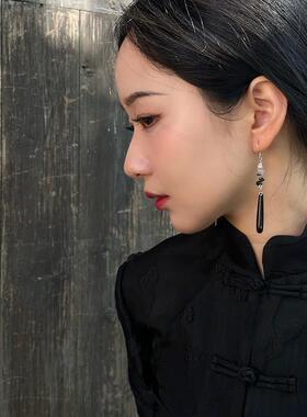 自制《慎独》黑色古风新中式渐变水滴耳环耳饰耳夹