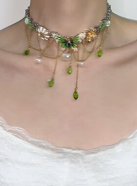 绿色精灵蝴蝶钛钢项链多层流苏重工小众辣妹锁骨链短剧女主穿搭