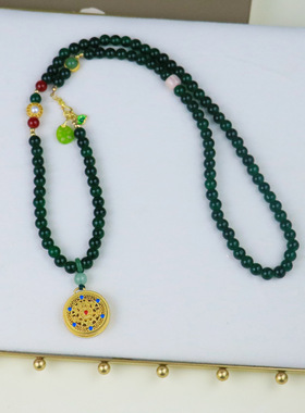 新中式国风绿色串珠项链复古八宝罗盘长款毛衣链古风汉服旗袍配饰