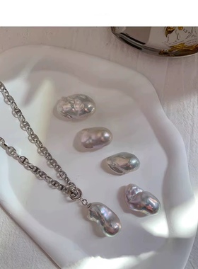 质感猪鼻子纯银项链大巴洛克珍珠吊坠异形珍珠不规则时尚欧美个性