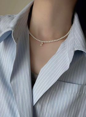 天然淡水珍珠小米珠baby珠项链精工纯银字母项链时尚小众锁骨链