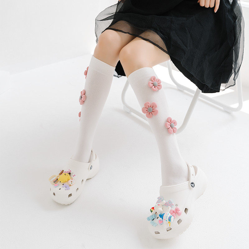 花朵饰品女士中筒潮袜蝴蝶结黑色长筒袜春秋款小腿袜白色及膝袜,淘宝优惠券,粉丝福利购,淘宝优惠卷